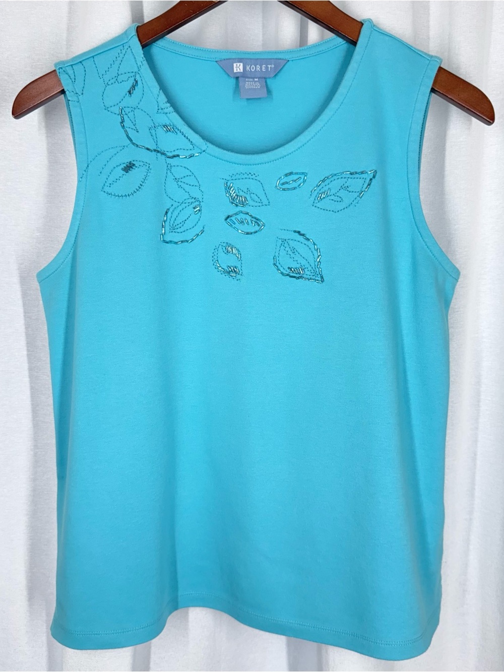 Koret Turquoise Sleeveless Tank with Leaf Embroidery